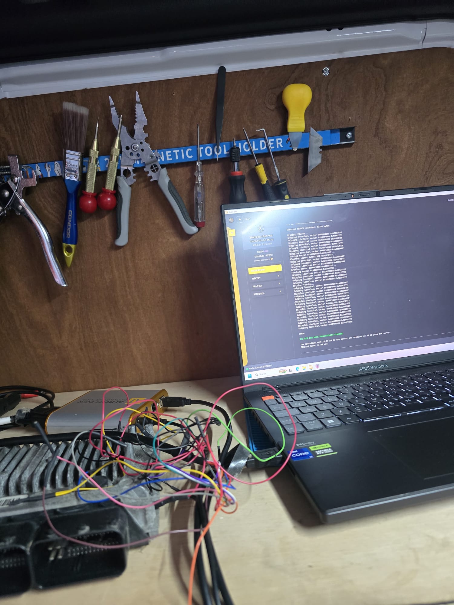 StageMyCar technician ECU programming a Mercedes Sprinter with dealer-level diagnostic equipment