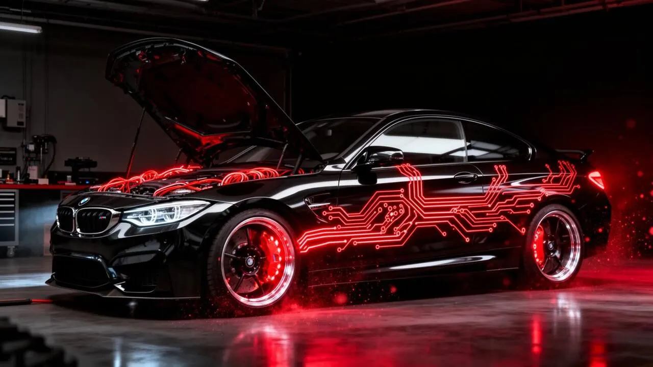 BMW M performance car with glowing red ECU circuits