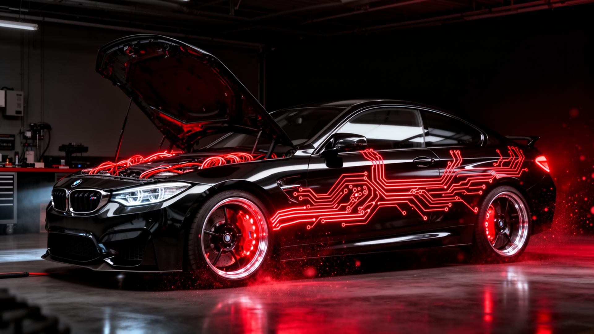 BMW M performance car with glowing red ECU circuits
