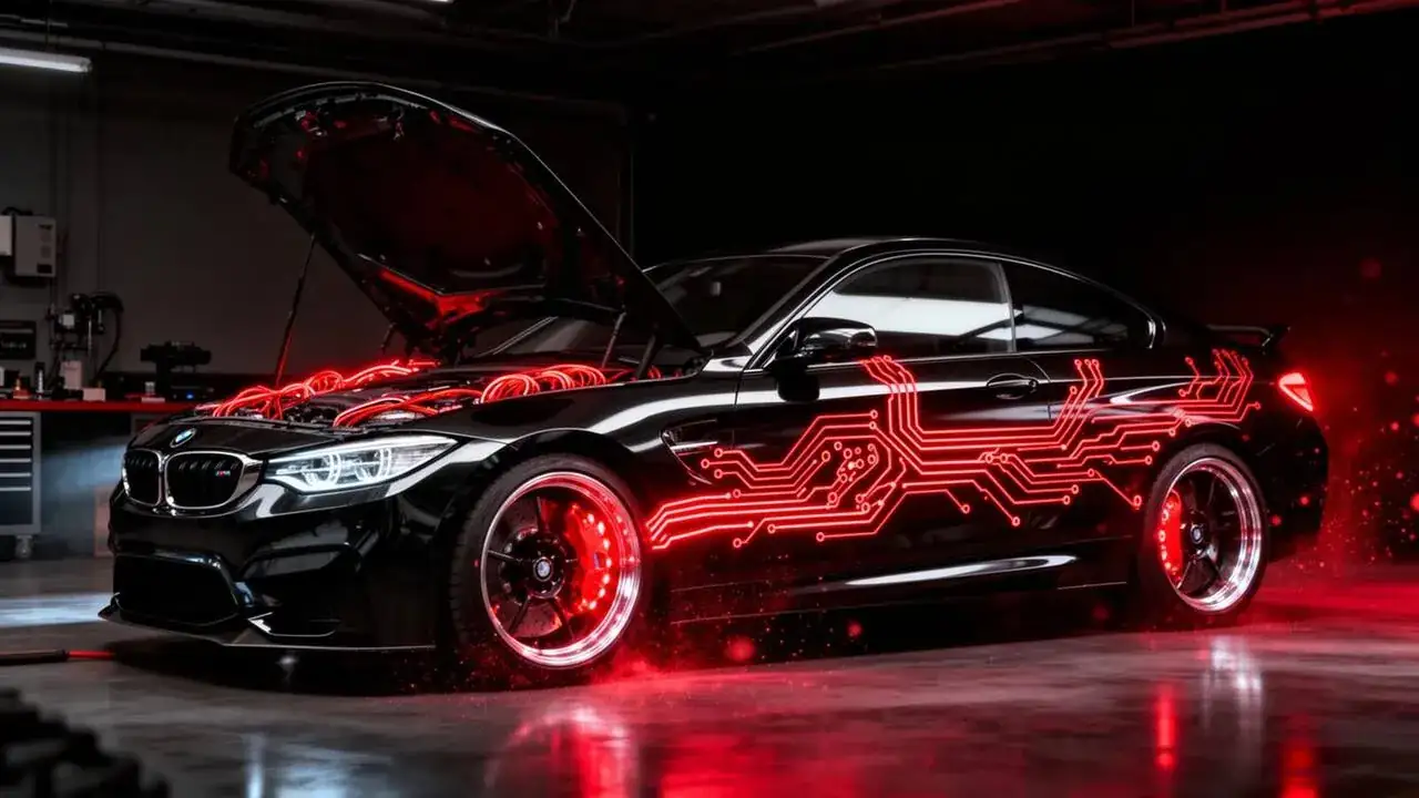 BMW M performance car with glowing red ECU circuits