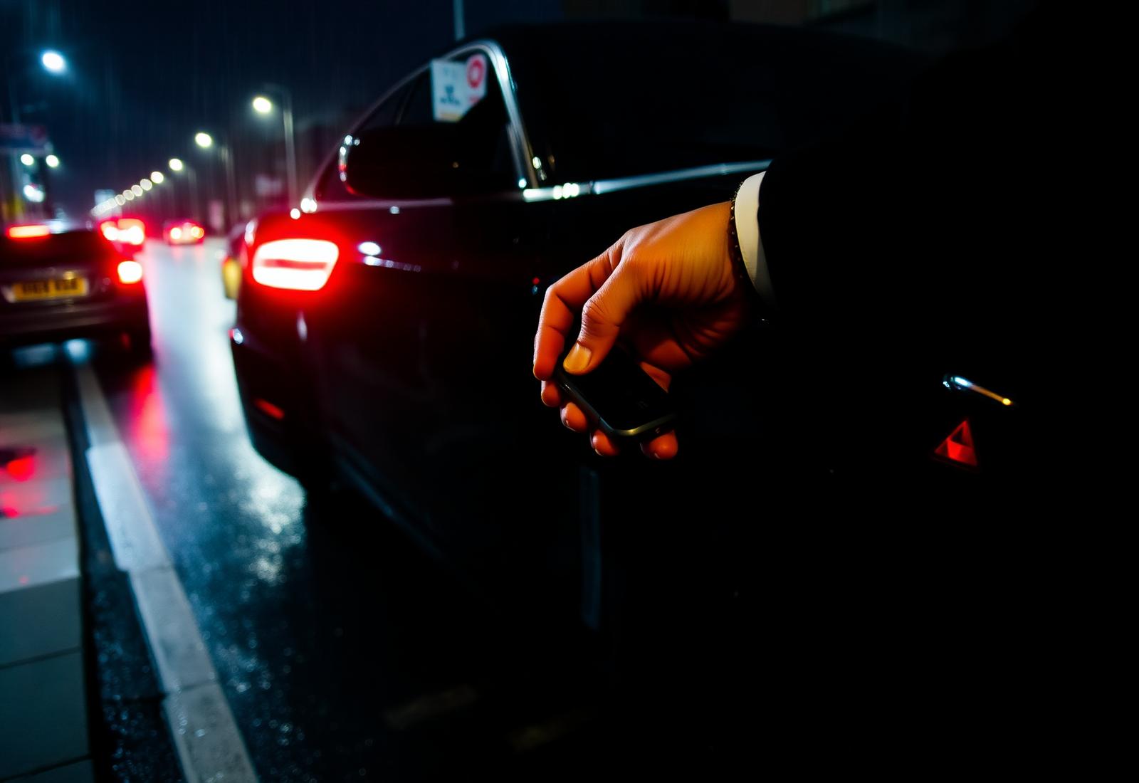 Mobile auto locksmith near me at night next to a luxury car in West London